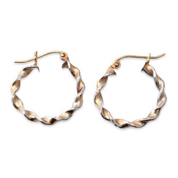 Vintage 14K Gold Twisted Hoop Earrings Two Tone Twist Hoops Rhodium Plated 0.75” - Picture 1 of 4